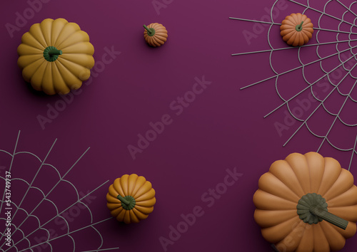 Dark magenta  purple 3D illustration autumn fall Halloween themed product display podium stand background or wallpaper with pumpkins and spiderwebs photography horizontal flat lay top view from above