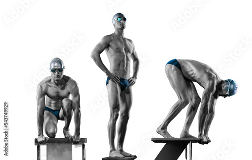 Three set positions, young athletic swimmer, on the transparent background.	 photo