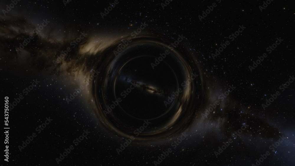 Cinematic animation of supermassive black hole. Camera moves through a black hole or wormhole into another galaxy in another universe. Space, light and time are distorted by strong gravity on the