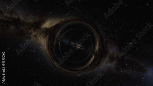 Cinematic animation of supermassive black hole. Camera moves through a black hole or wormhole into another galaxy in another universe. Space, light and time are distorted by strong gravity on the
