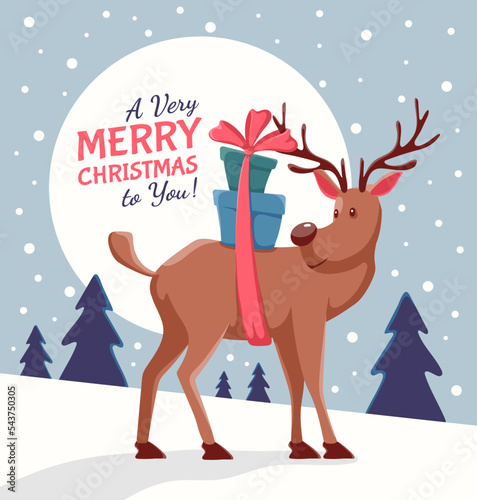 Christmas deer with Christmas and New Year. Illustration on a background with winter landscape with snow and Christmas trees. Xmas card. Vector