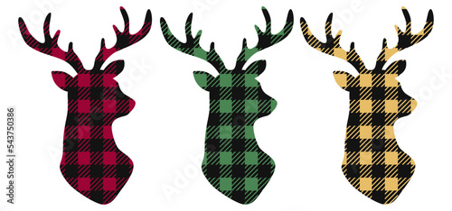 Set of reindeer with Christmas ornaments. Deer head silhouette. Christmas buffalo plaid reindeer on white background. Forest animal. Vector illustration.