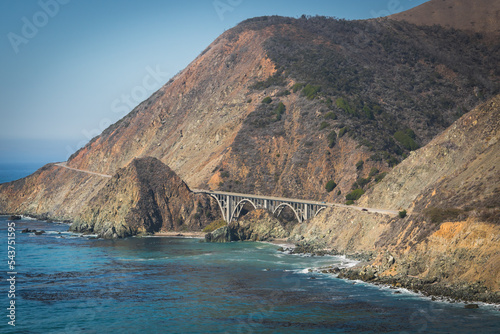 Big Sur, California. View of Bixby Creek Bridge, mountains along the Pacific Coast, and ocean view