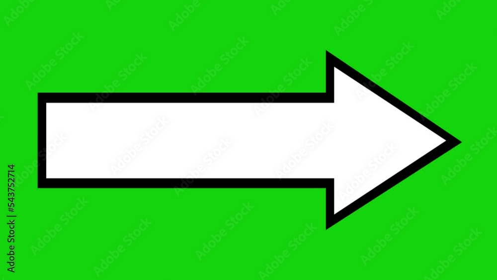 Animation of a white arrow drawn with black outlines, appearing and disappearing. On a green chrome key background Animation of a white arrow drawn with black outlines, appearing and disappearing. On a green chrome key background
