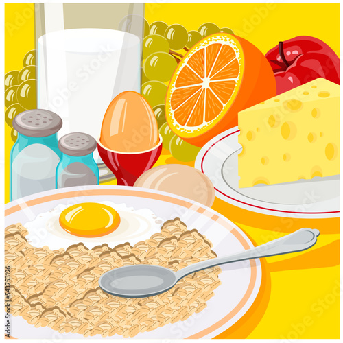 breakfast on the table fruit and egg with porridge