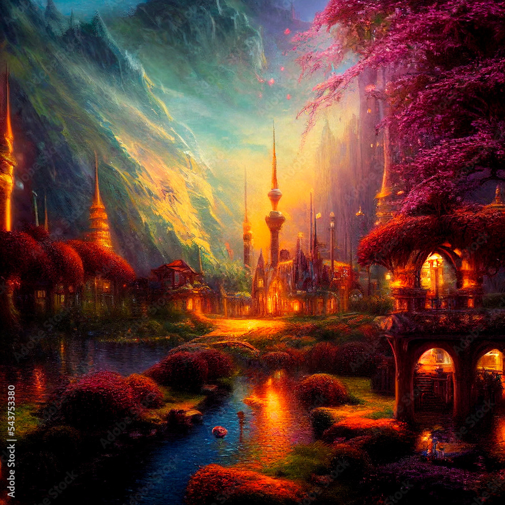 Beautiful fabulous city located on the river. Warm light in houses and lanterns. High quality illustration