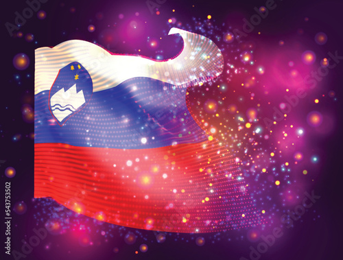 Slovenia, vector 3d flag on pink purple background with lighting and flares