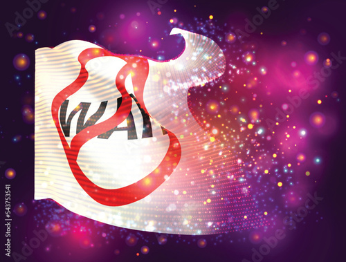 Stop war, on vector 3d flag on pink purple background with lighting and flares