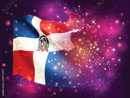 Dominican Republic, vector 3d flag on pink purple background with lighting and flares