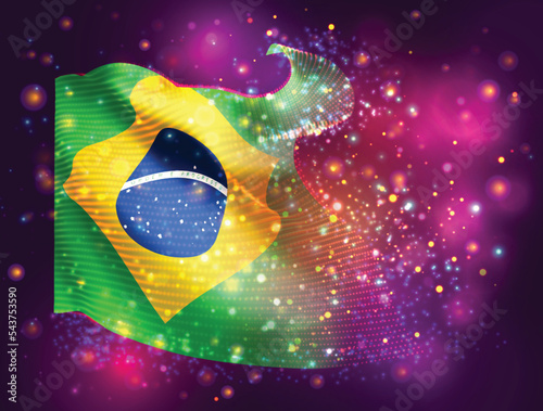 Brazil, vector 3d flag on pink purple background with lighting and flares