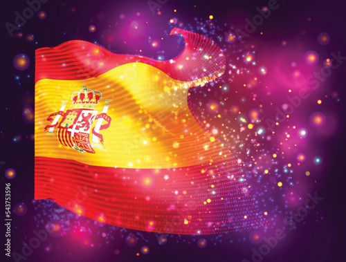 Spain, vector 3d flag on pink purple background with lighting and flares