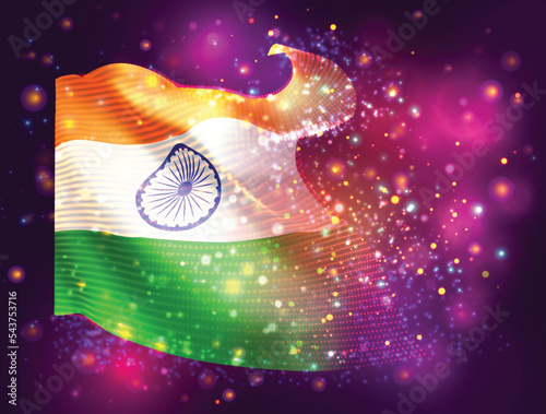 India, vector 3d flag on pink purple background with lighting and flares