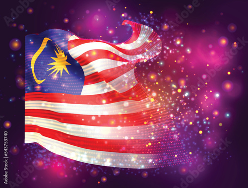 Malaysia, vector 3d flag on pink purple background with lighting and flares