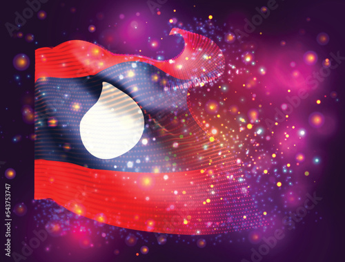 Laos, vector 3d flag on pink purple background with lighting and flares