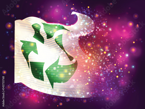 Recycling, on vector 3d flag on pink purple background with lighting and flares