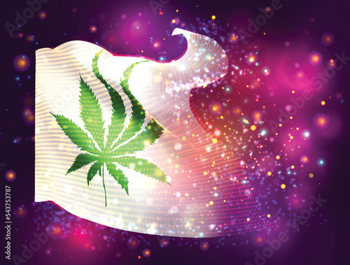Сannabis, on vector 3d flag on pink purple background with lighting and flares