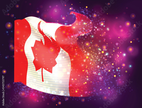Canada, vector 3d flag on pink purple background with lighting and flares