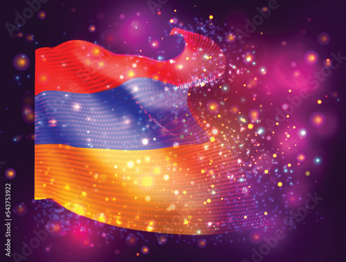 Armenia, vector 3d flag on pink purple background with lighting and flares