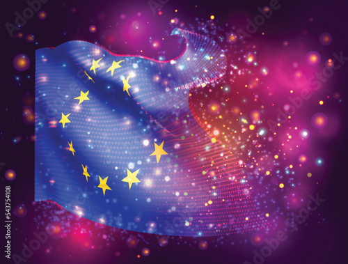 European Union, vector 3d flag on pink purple background with lighting and flares