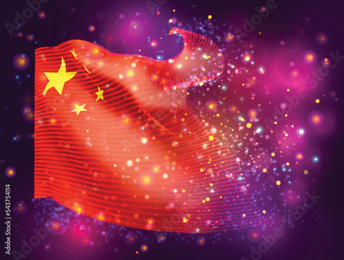 China, vector 3d flag on pink purple background with lighting and flares