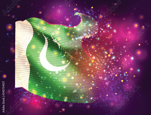 Pakistan, vector 3d flag on pink purple background with lighting and flares
