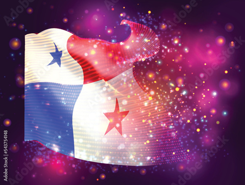 Panama, vector 3d flag on pink purple background with lighting and flares