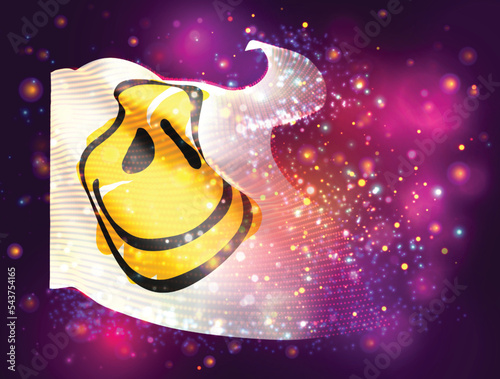 Smile, on vector 3d flag on pink purple background with lighting and flares