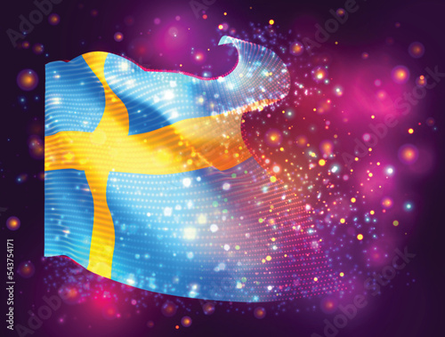 Sweden, vector 3d flag on pink purple background with lighting and flares