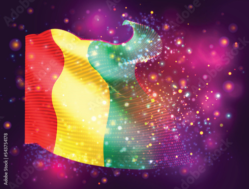 Guinea, vector 3d flag on pink purple background with lighting and flares