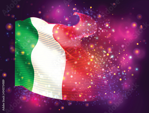 Italy, vector 3d flag on pink purple background with lighting and flares