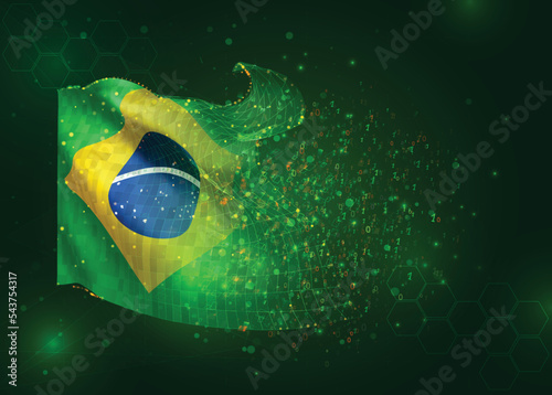 Brazil, on vector 3d flag on green background with polygons and data numbers
