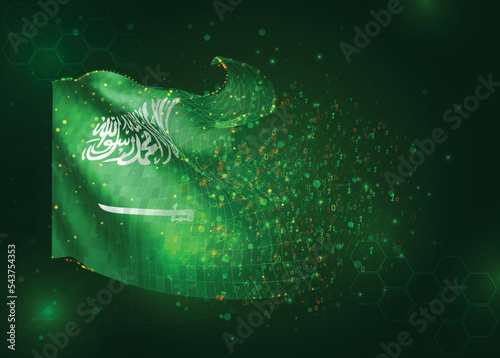 Saudi Arabia, on vector 3d flag on green background with polygons and data numbers