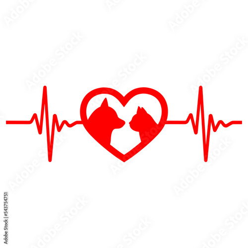 Illustration of the logo of a veterinary clinic.Dog and cat on the background of the heart with a pulse.