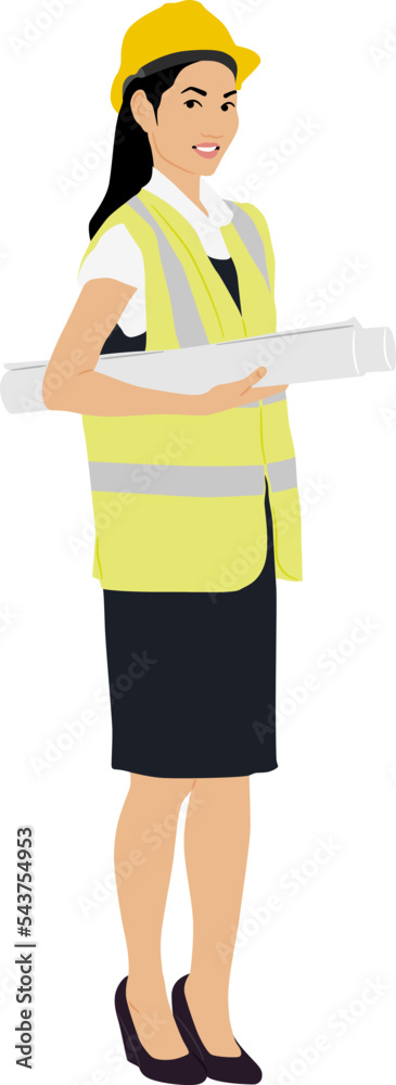 A female worker wearing a helmet and a vest holding blueprint. Hand-drawn vector illustration isolated on white. Full length view