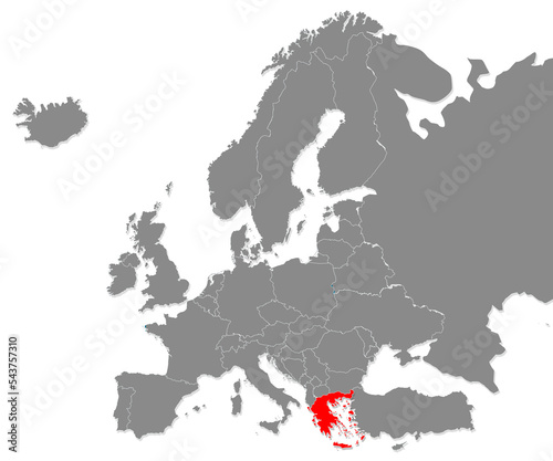 Map of Greece highligted with red in Europe map