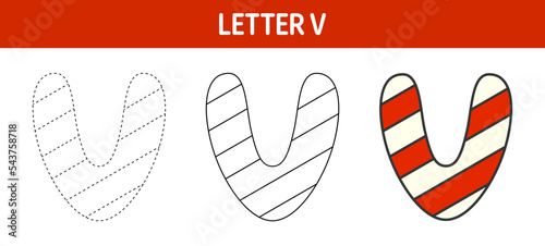 Letter V Candy Cane, tracing and coloring worksheet for kids