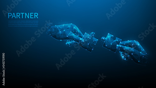 hand hold jigsaw digital technology blue on dark background. Business partners and solution. Strategy for success. puzzle connect achievement low poly wireframe. vector illustration fantastic design.