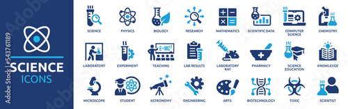 Science icon set. Containing biology, laboratory, experiment, scientist, research, physics, chemistry and more icons. Science education symbol. Vector illustration.