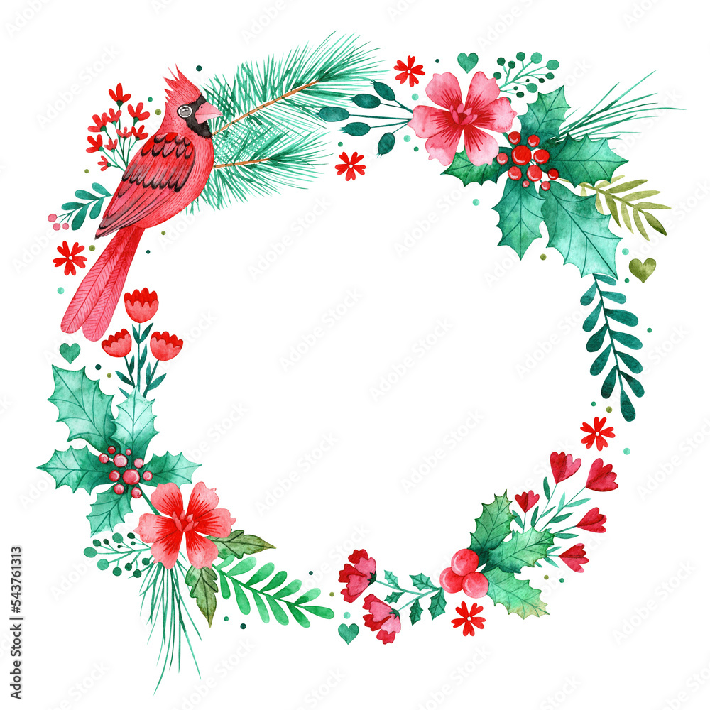 Naklejka premium Red Cardinal Bird Christmas Wreath with Holly, Pine Needles, Red Flowers and Berries in Watercolor