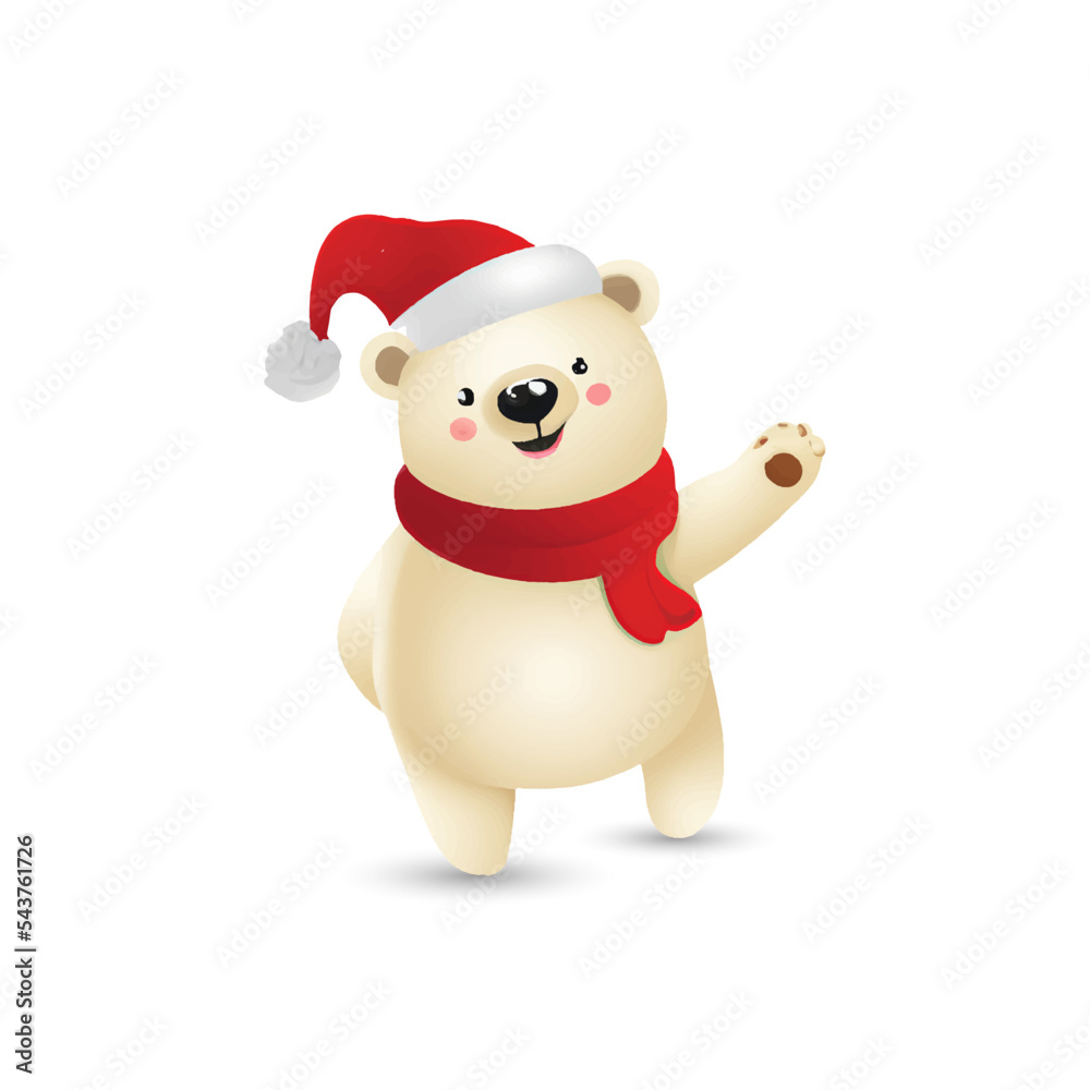 Happy polar bear with red cap and red scarf with isolated background