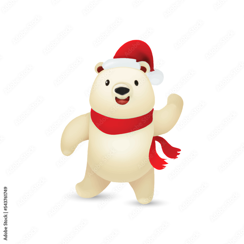 Happy polar bear with red cap and red scarf with isolated background