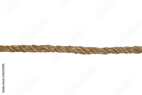 Close up of Brown natural fiber rope on white background with clipping path. Long thick coarse rope insulated on a white background.