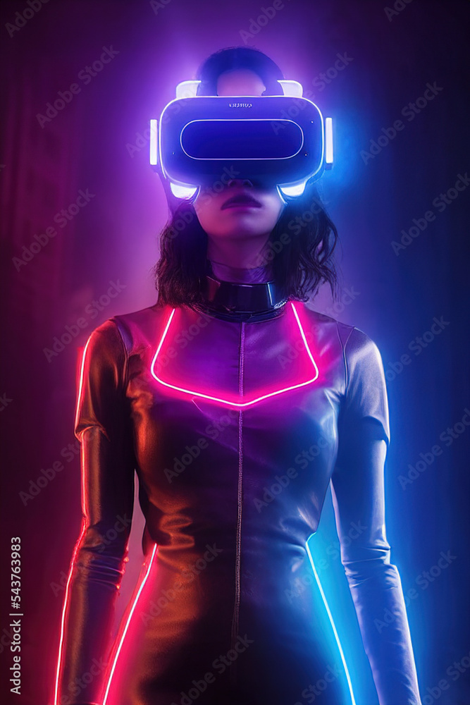 Spectacular futuristic woman in cyberpunk world with VR headset portrait  with glowing ultraviolet neon light ray. Digital art 3D illustration  cybergirl in bodysuit with futuristic glowing VR headset. Illustration  Stock | Adobe