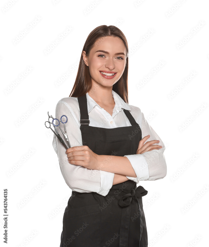 Portrait of happy hairdresser with professional scissors on white background Portrait of happy hairdresser with professional scissors on white background