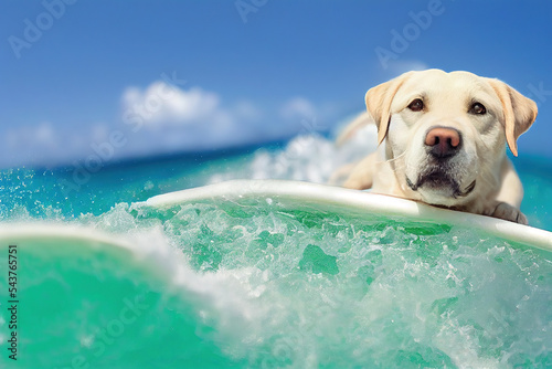 Photography Spectacular labrador lying on surfboard, wave with teal sea water splash on surfing board with background clear sky summertime at ocean shore
