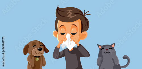 Little Boy Being Allergic to Cats and Dogs Vector Cartoon Illustration. Child adopting pets discovering being sensitive to domestic animals 
