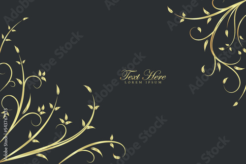 Elegant Golden Ornamental Floral Banner Border Frame Background with Leaf Flower and Leaf Branch on Black Background