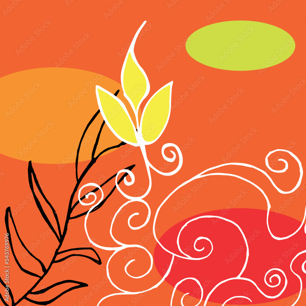 Yellow Rose with White Clouds and Black Plant On Orange Background with Ellipses. Abstract Illustration. Yellow Rose with White Clouds and Black Plant On Orange Background with Ellipses. Abstract Illustration.