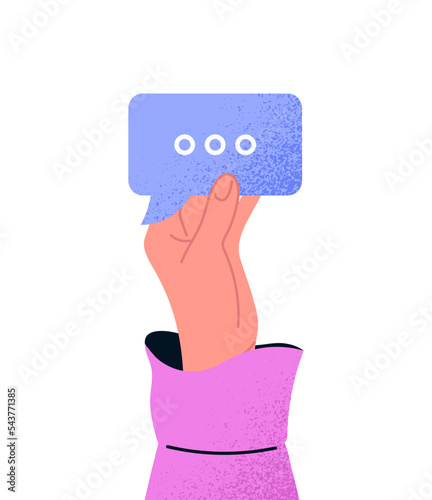 Hand with bubble speech. Communication on internet and social networks, modern technologies and cyuber space. Reaction for messengers and graphic element for website. Cartoon flat vector illustration