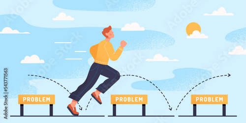 Businessman overcomes obstacles. Man runs and jumps over barriers. Successful and hardworking entrepreneur or investor. Motivation and leadership, poster or banner. Cartoon flat vector illustration